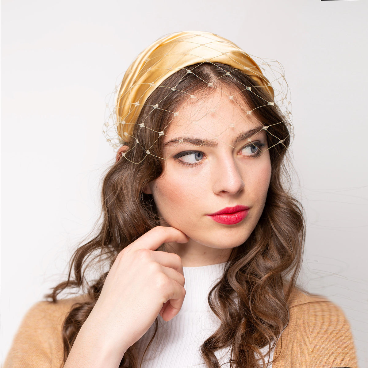 Mid-century Gold Silk Half Hat with Detachable Face Veil, Formal Event Wide Headband  with Vintage Netting Birdcage
