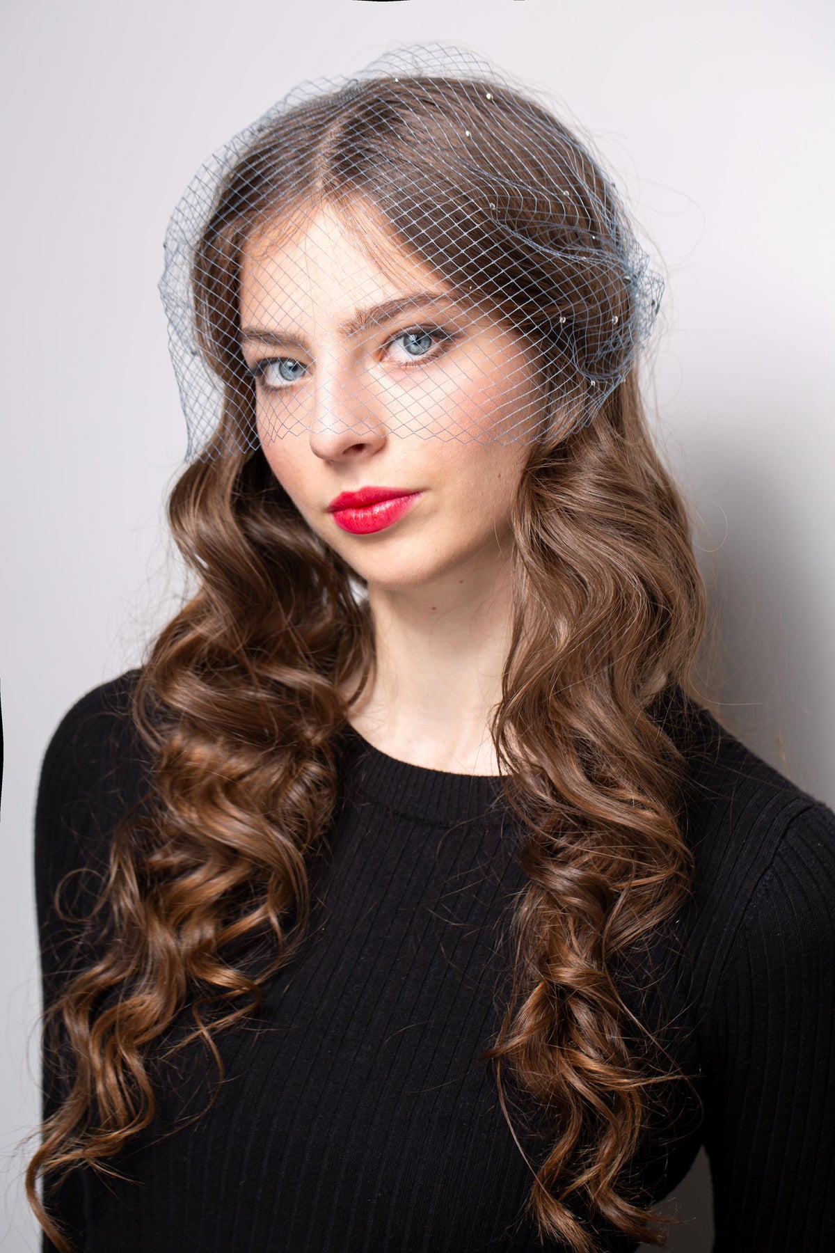 Birdcage Veil in Steel Grey with Rhinestones Glamorous Netting Birdcage for occasions, parties, Grey Face Veil in 1920s Style