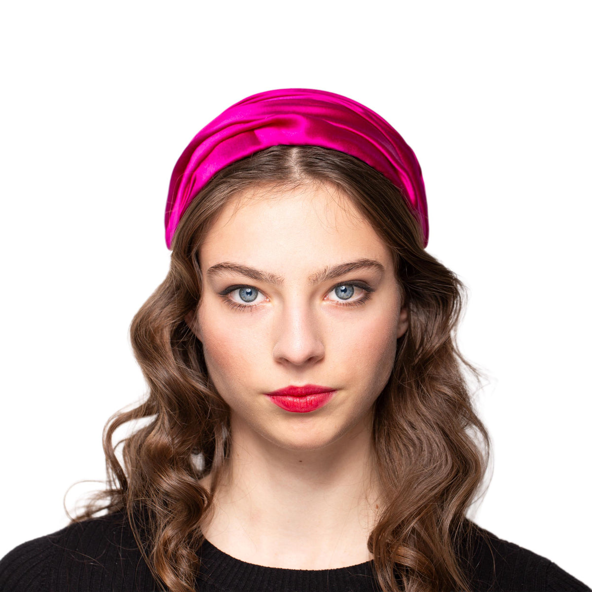 Silk Satin Draped Ladies Hat in Fuchsia Pink, Old Hollywood Style Half Hat, mid-century glamorous headpiece