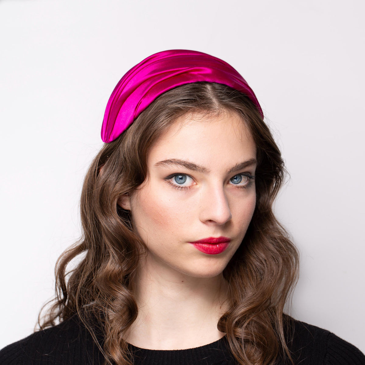 Silk Satin Draped Ladies Hat in Fuchsia Pink, Old Hollywood Style Half Hat, mid-century glamorous headpiece