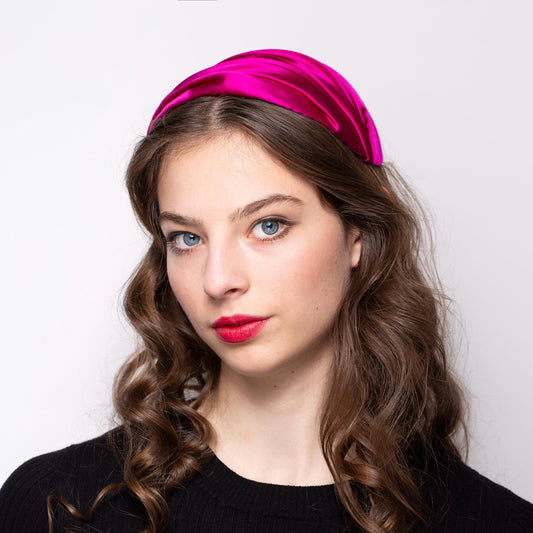 Silk Satin Draped Ladies Hat in Fuchsia Pink, Old Hollywood Style Half Hat, mid-century glamorous headpiece