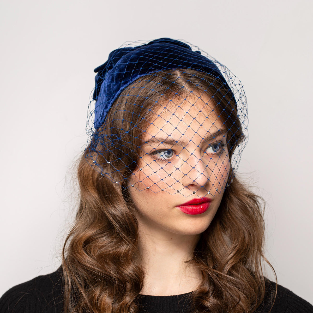 Occasion Headpiece in Blue Silk Velvet, Mid century Cap Hat for Wedding, Formal Event, Old Hollywood style rear worn half hat