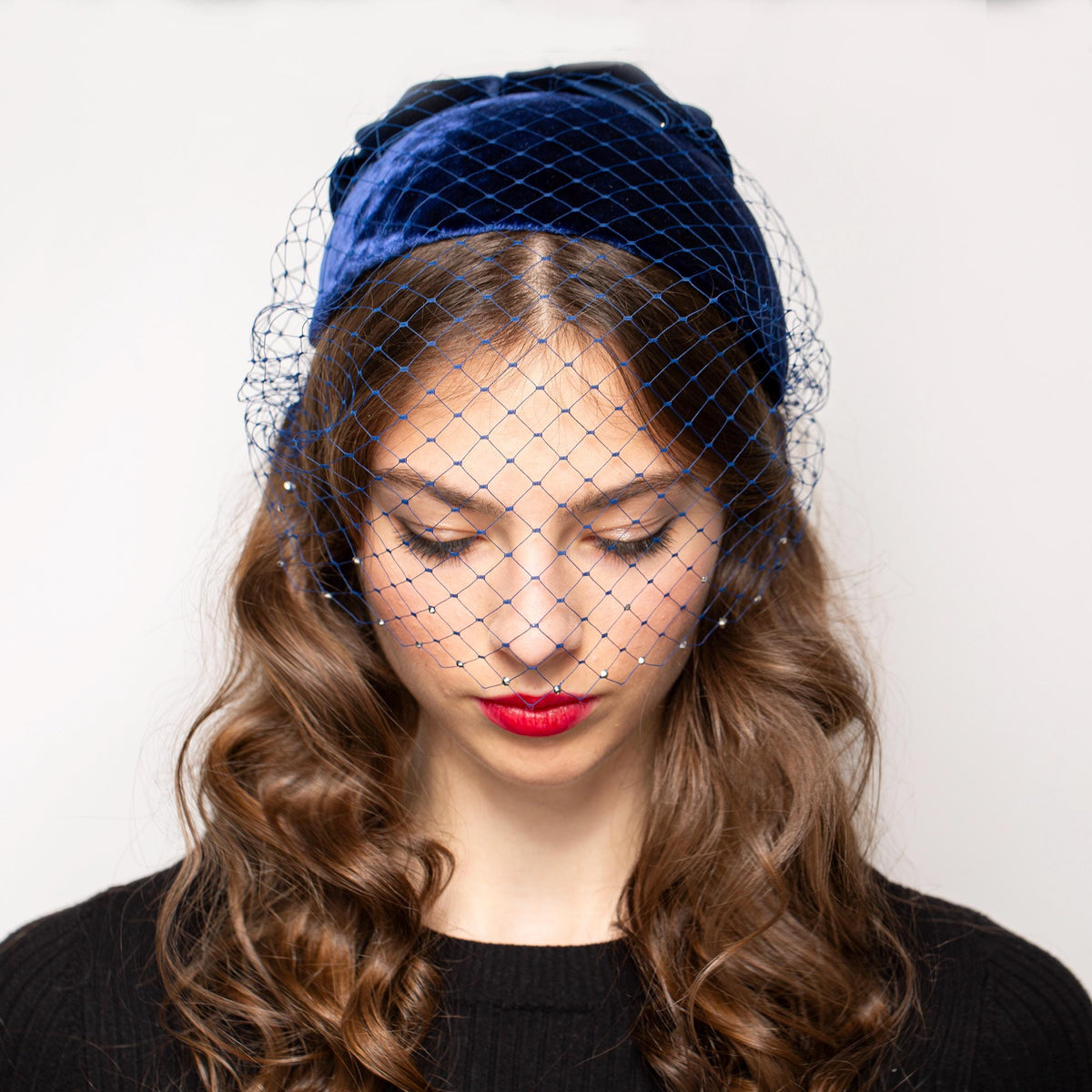 Occasion Headpiece in Blue Silk Velvet, Mid century Cap Hat for Wedding, Formal Event, Old Hollywood style rear worn half hat