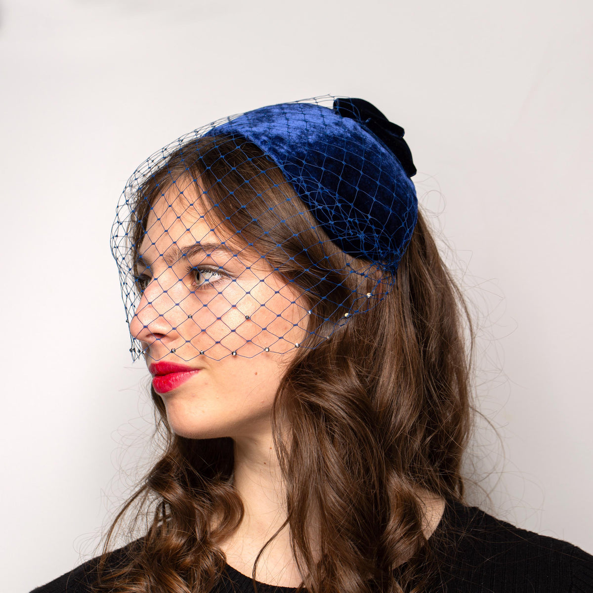 Occasion Headpiece in Blue Silk Velvet, Mid century Cap Hat for Wedding, Formal Event, Old Hollywood style rear worn half hat