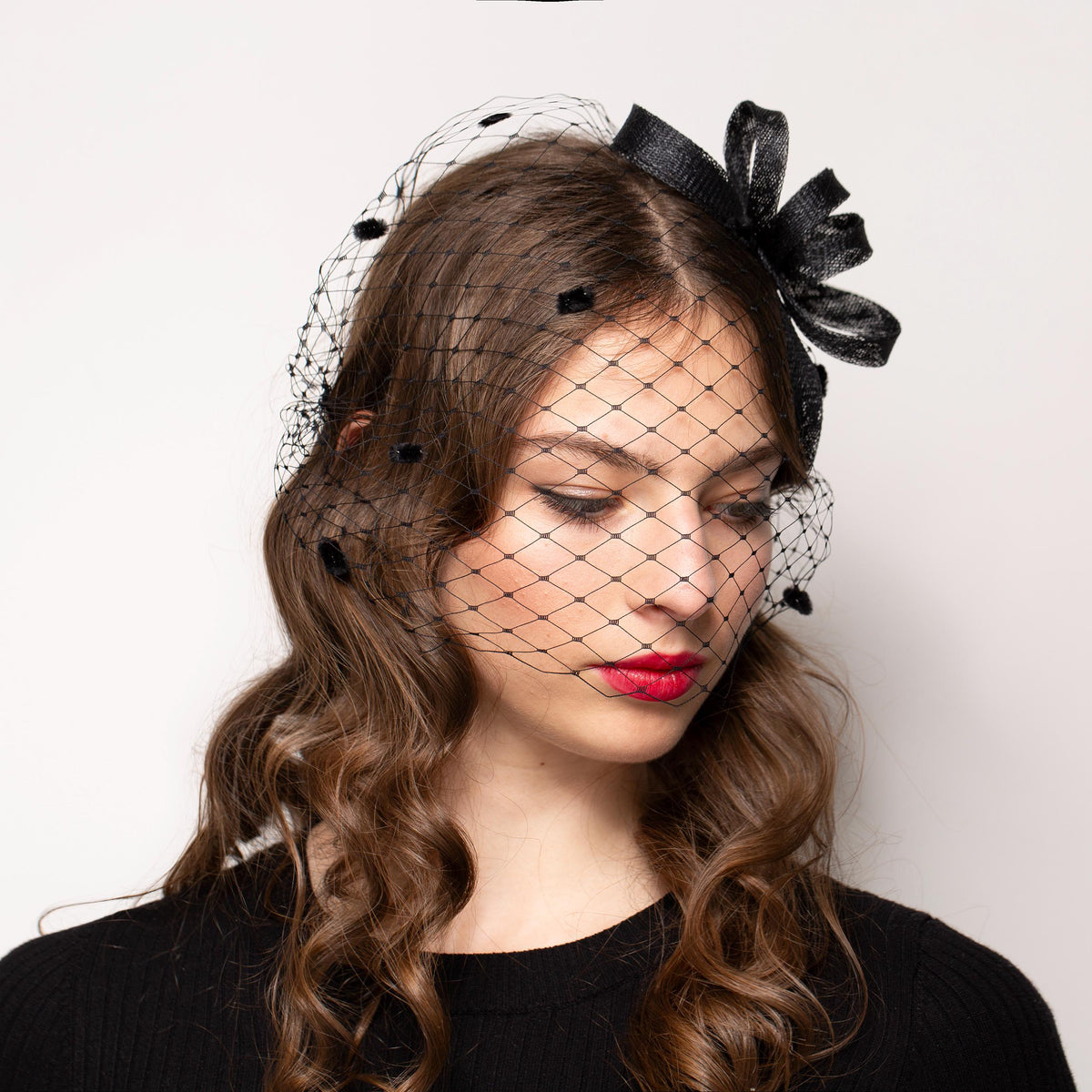 Black Bow Fascinator with Detachable Birdcage Veil, Statement Evening Couture Headpiece