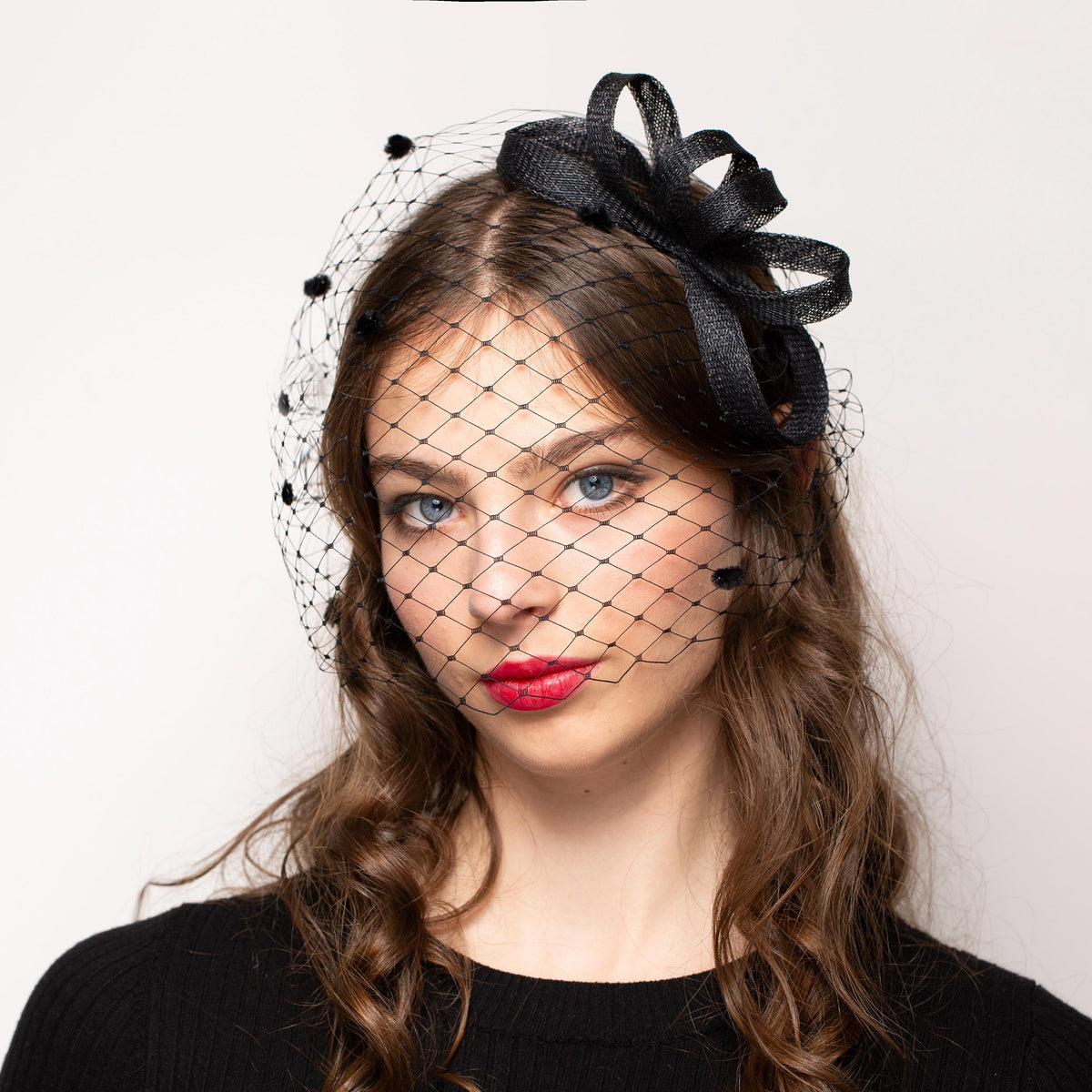 Black Bow Fascinator with Detachable Birdcage Veil, Statement Evening Couture Headpiece