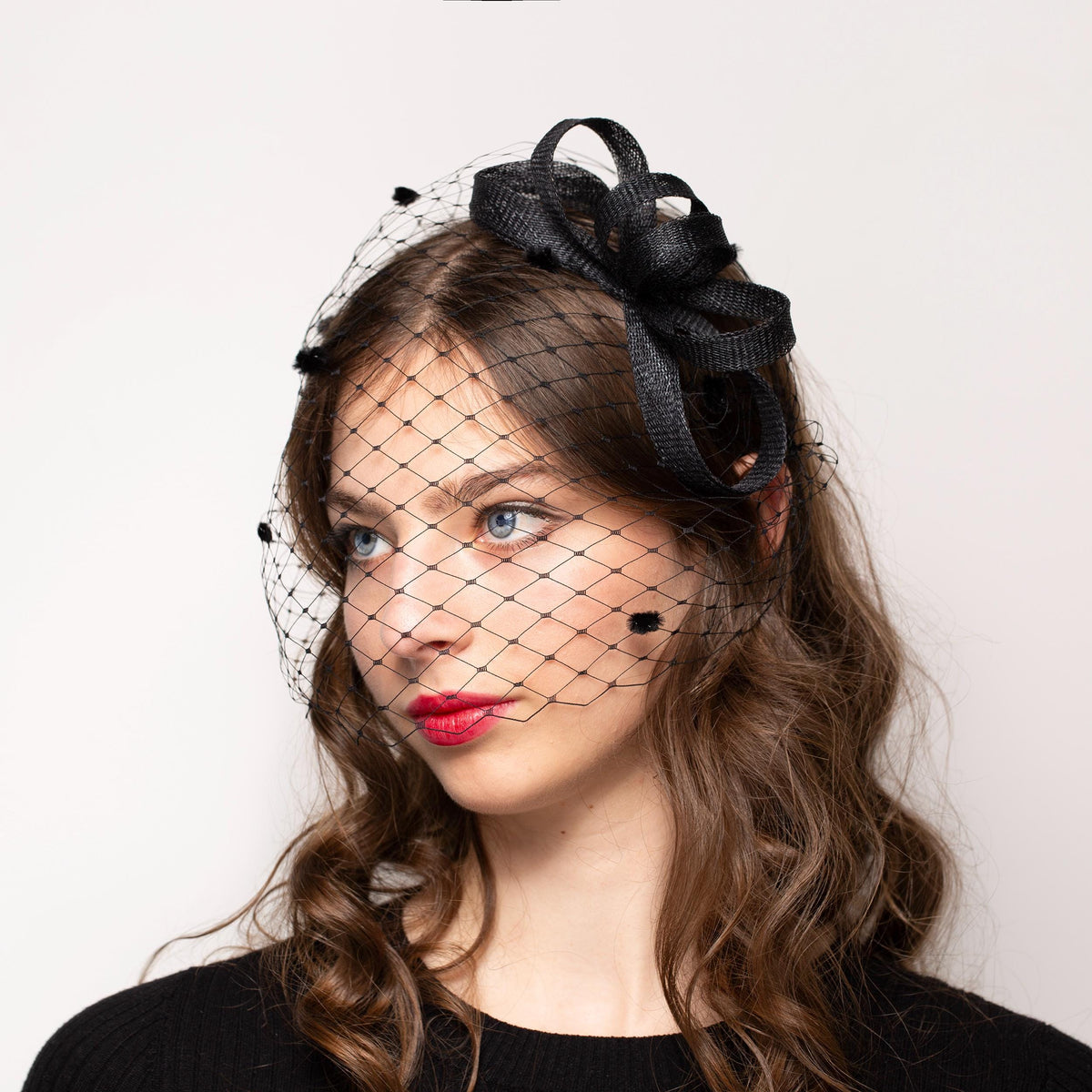 Black Bow Fascinator with Detachable Birdcage Veil, Statement Evening Couture Headpiece