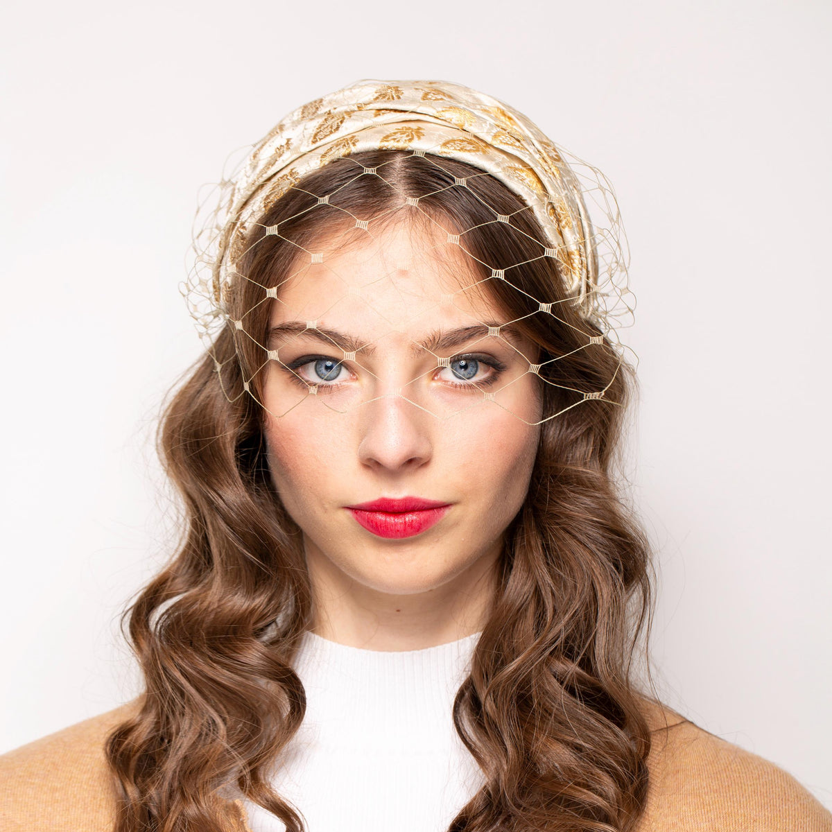 Mid-century Gold-Beige Cap Hat with Removable Face Veil, Old Hollywood Glamour Half Hat with Netting