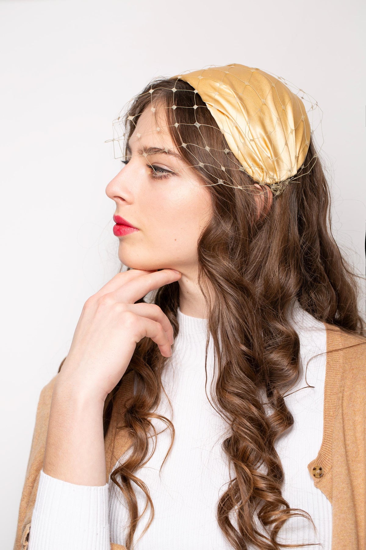 Mid-century Gold Silk Half Hat with Detachable Face Veil, Formal Event Wide Headband  with Vintage Netting Birdcage