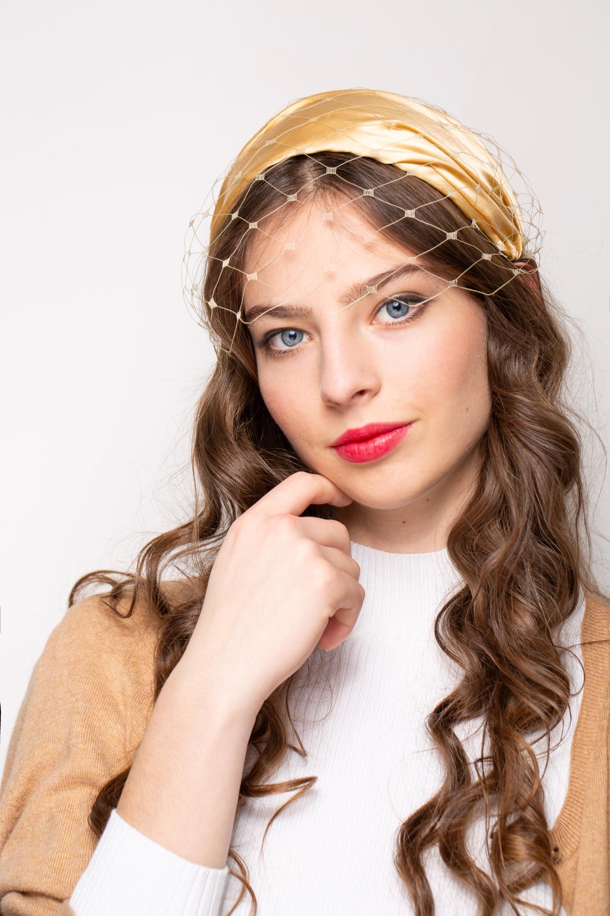 Mid-century Gold Silk Half Hat with Detachable Face Veil, Formal Event Wide Headband  with Vintage Netting Birdcage