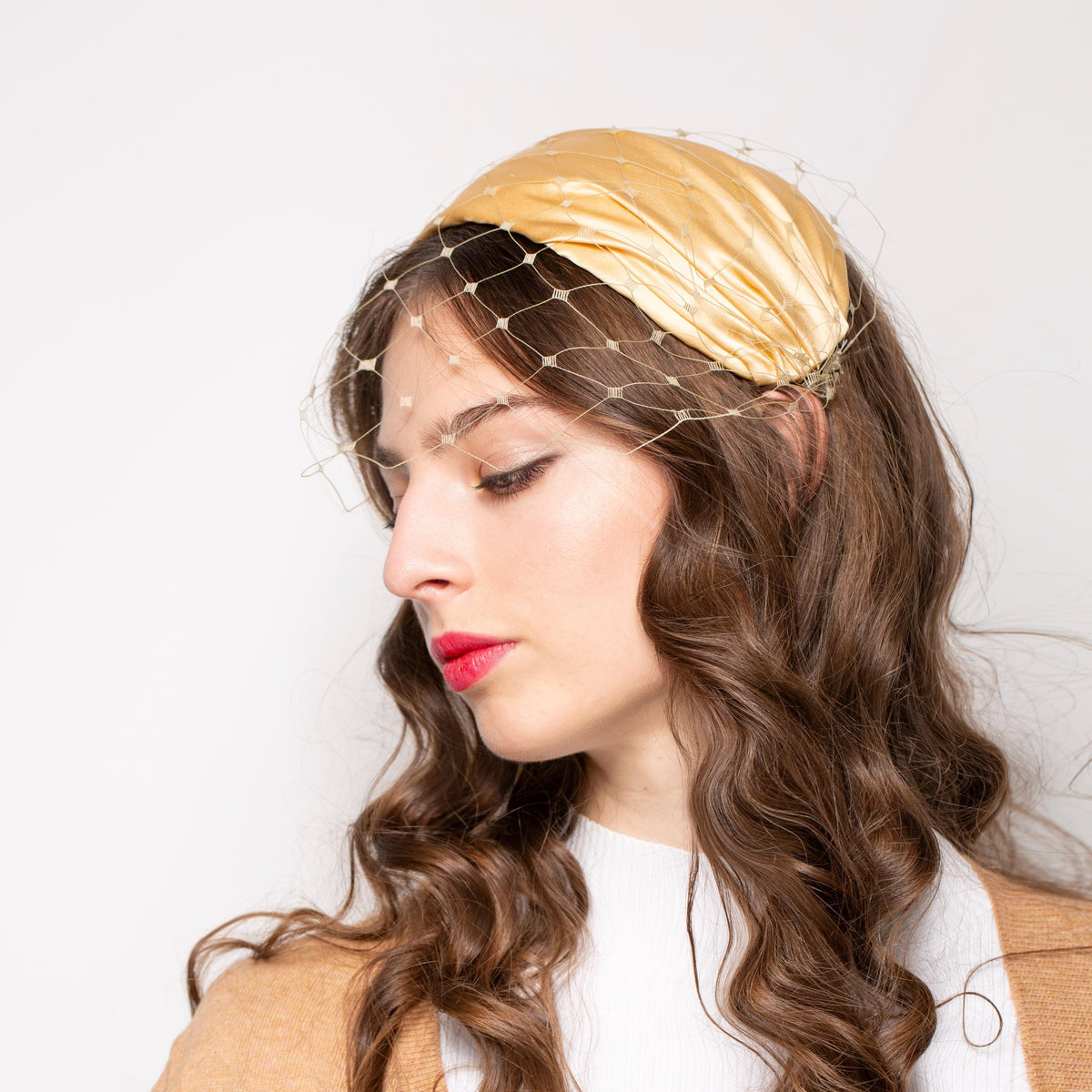 Mid-century Gold Silk Half Hat with Detachable Face Veil, Formal Event Wide Headband  with Vintage Netting Birdcage