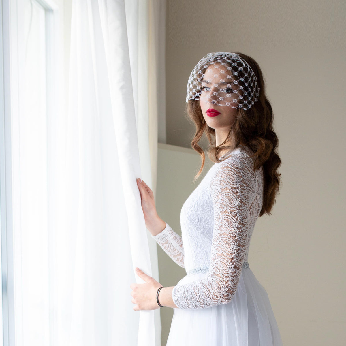 Vintage Netting Birdcage Veil: 1970s German Veiling, Bridal Face Veil, Classic Bride Blusher, City Hall Wedding