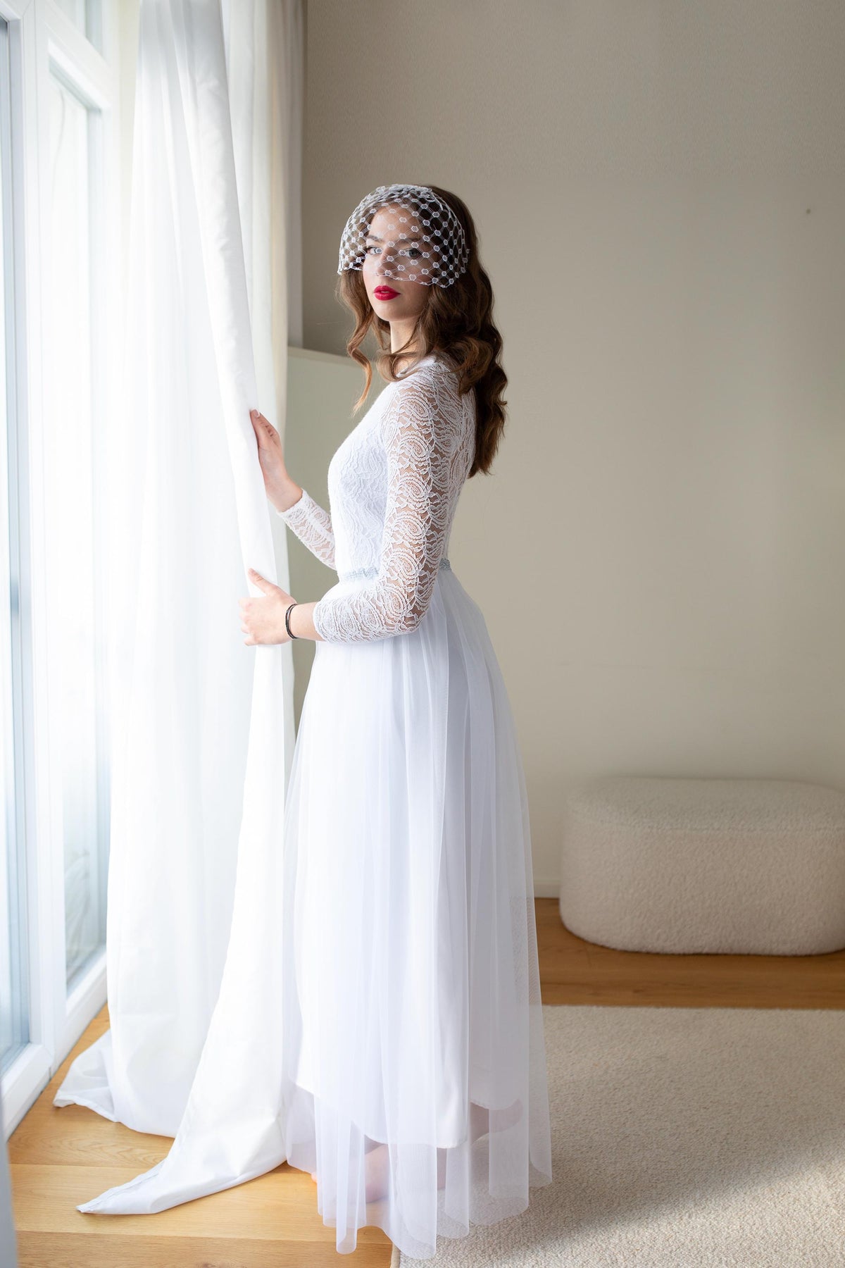 Vintage Netting Birdcage Veil: 1970s German Veiling, Bridal Face Veil, Classic Bride Blusher, City Hall Wedding