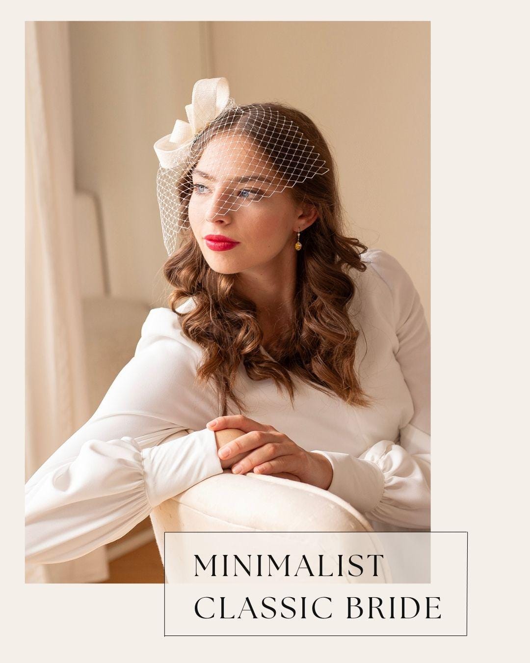 White Bridal Birdcage with Bow Fascinator, Minimalist Wedding Bow Headpiece with detachable netting