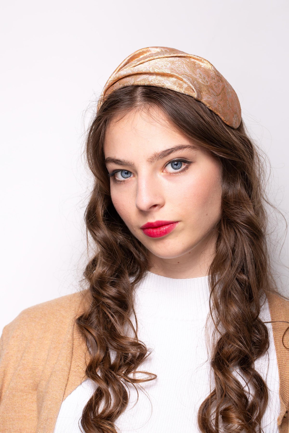 Peach - Gold Formal Cap Hat, Old Hollywood Style Ladies Half Hat, mid-century glamorous headpiece