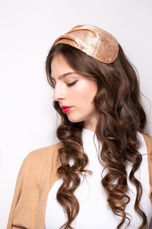 Peach - Gold Formal Cap Hat, Old Hollywood Style Ladies Half Hat, mid-century glamorous headpiece