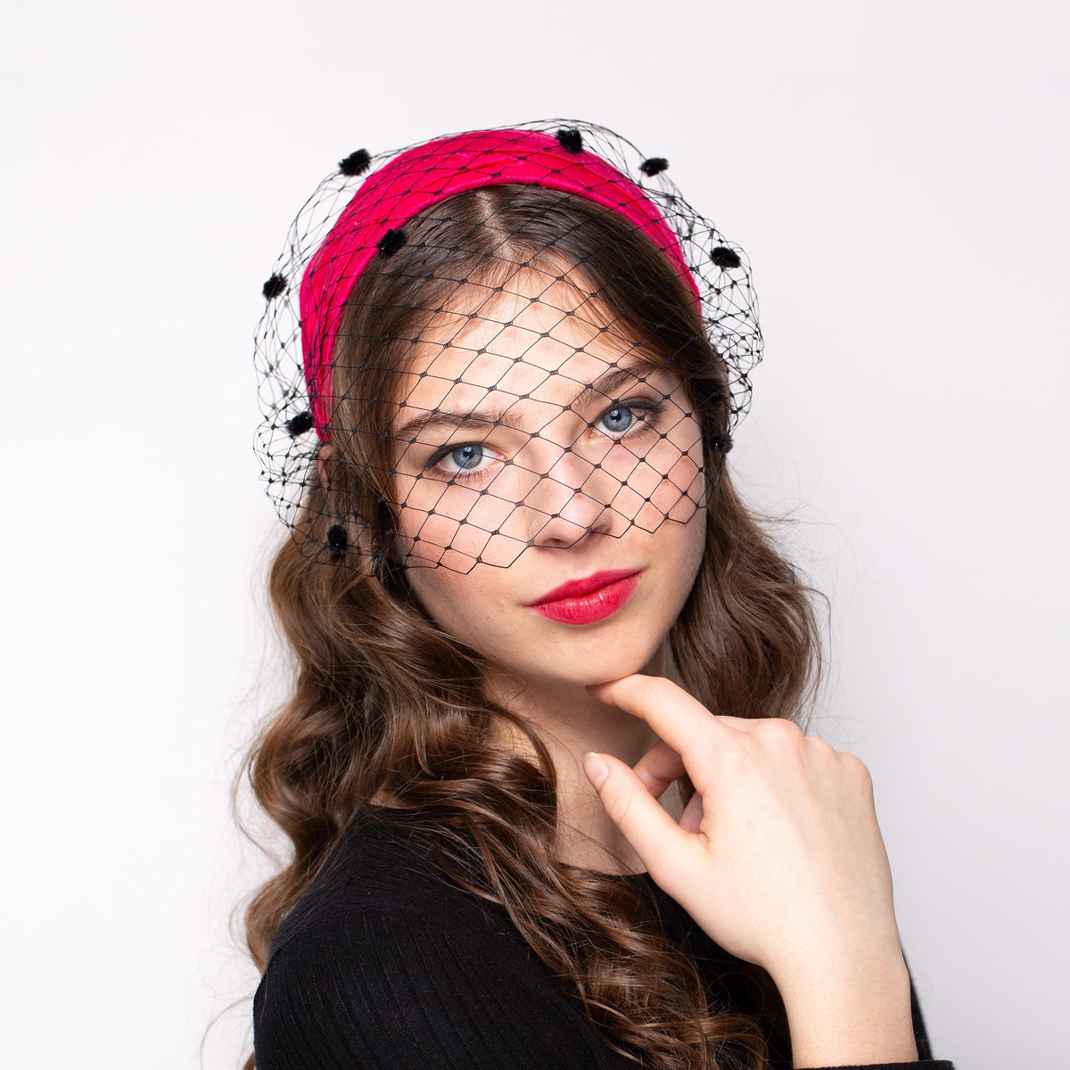 Hot Pink Ladies Hat Draped in Silk Dupion with dotted Black Netting Veil, Old Hollywood Style Headpiece, mid-century headpiece and birdcage