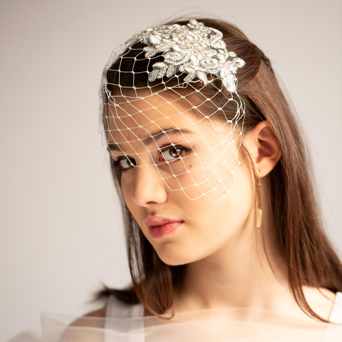 Silver Lace Bridal Veil, Short Wedding Veil, Floral Lace Birdcage