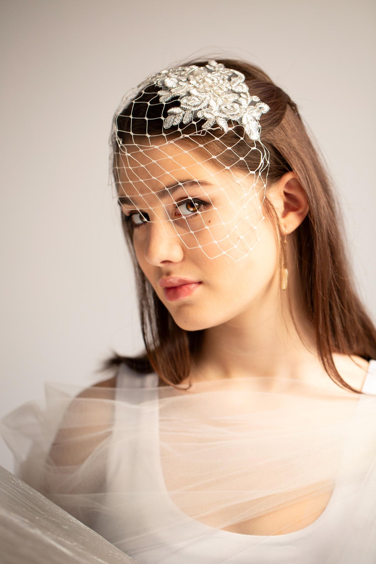 Silver Lace Bridal Veil, Short Wedding Veil, Floral Lace Birdcage