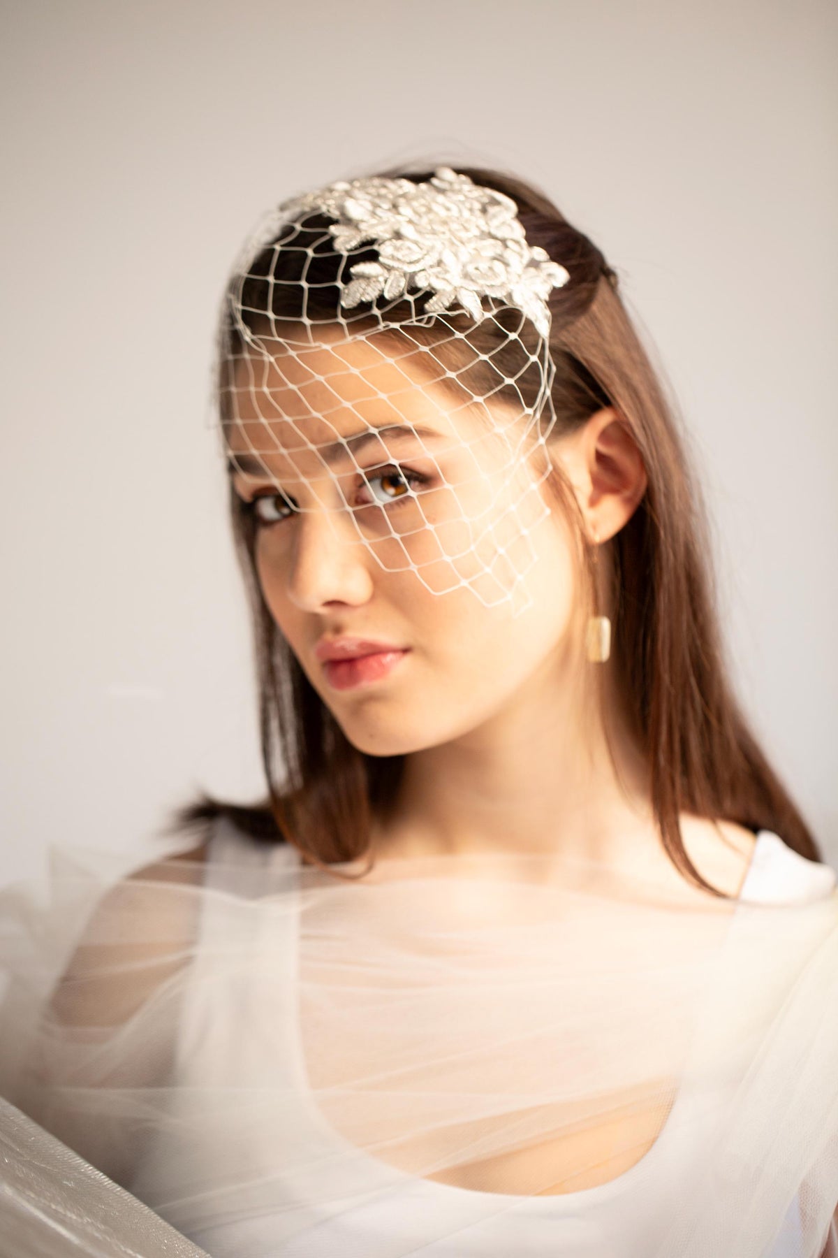 Silver Lace Bridal Veil, Short Wedding Veil, Floral Lace Birdcage