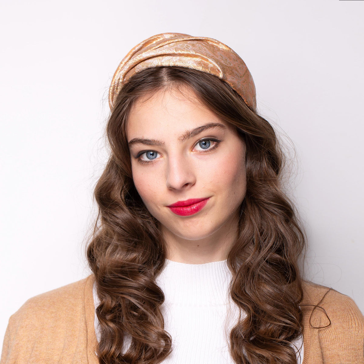 Peach - Gold Formal Cap Hat, Old Hollywood Style Ladies Half Hat, mid-century glamorous headpiece