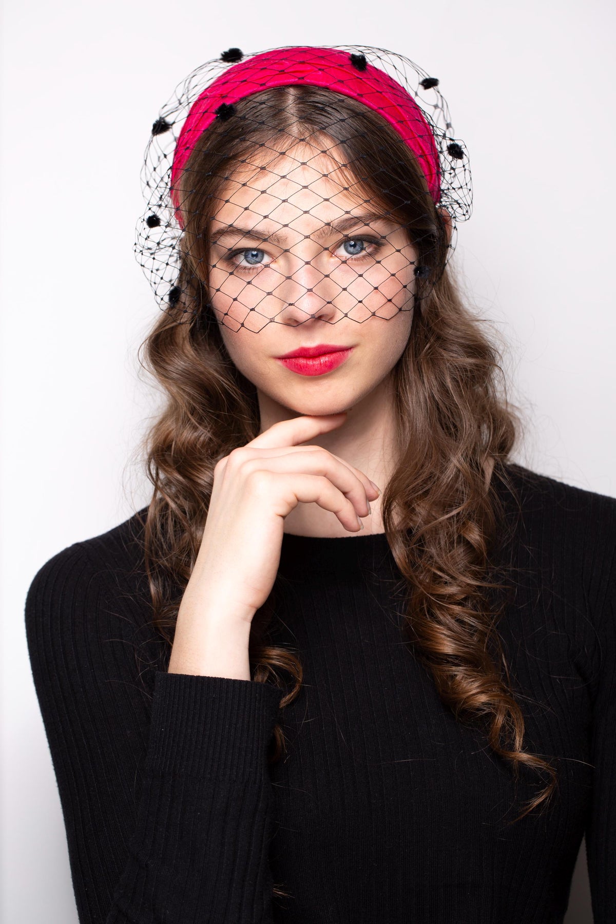 Hot Pink Ladies Hat Draped in Silk Dupion with dotted Black Netting Veil, Old Hollywood Style Headpiece, mid-century headpiece and birdcage