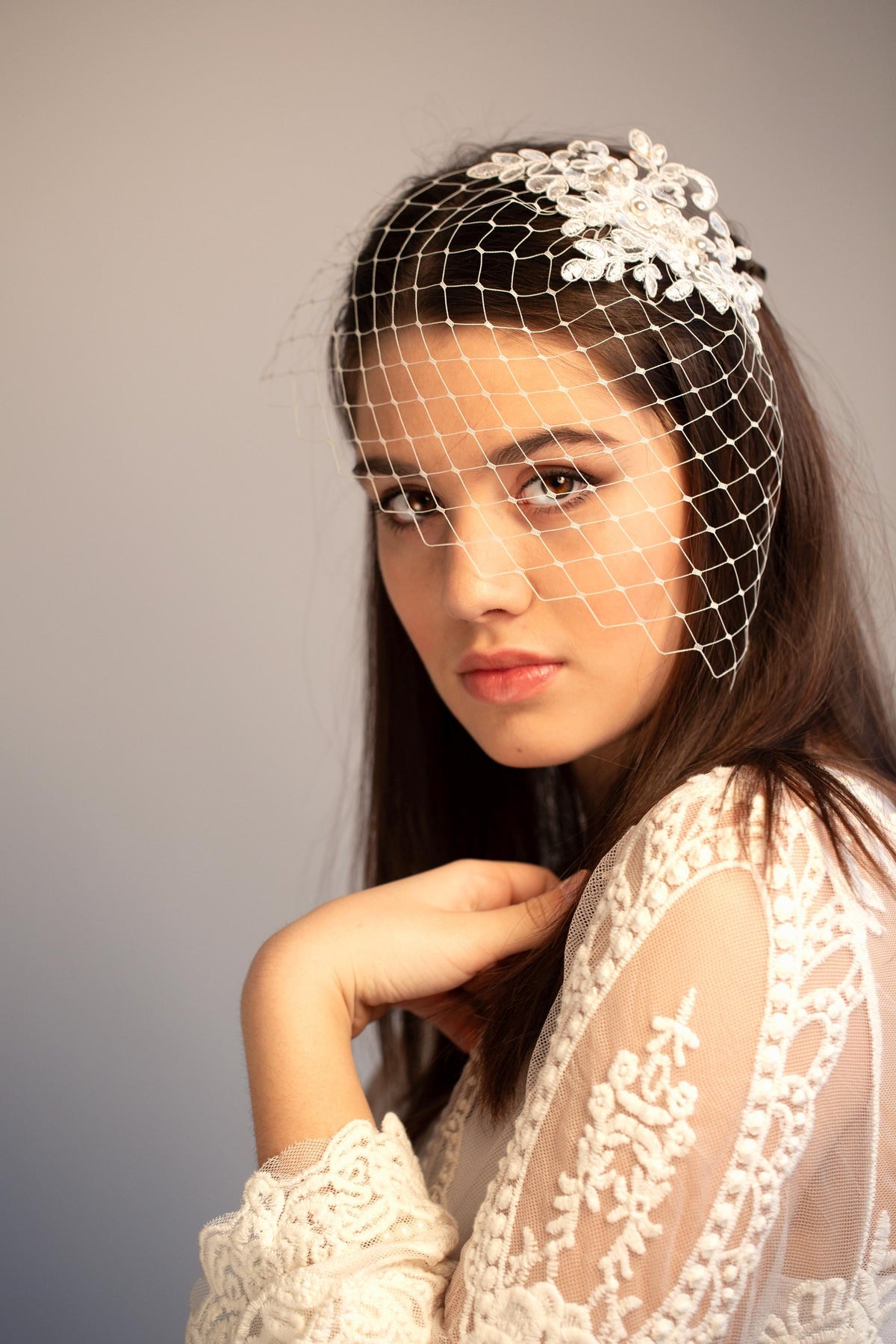 Floral Lace Birdcage Veil: Short Bridal Veil, White or Ivory