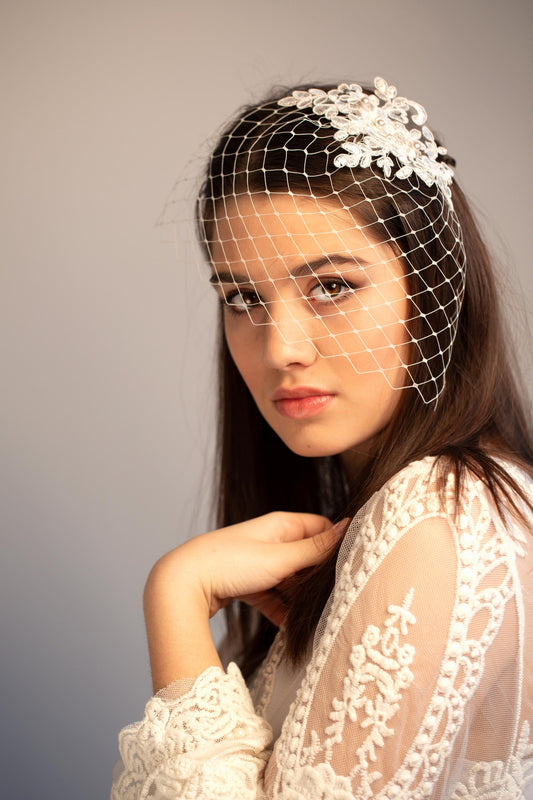 Floral Lace Birdcage Veil: Short Bridal Veil, White or Ivory