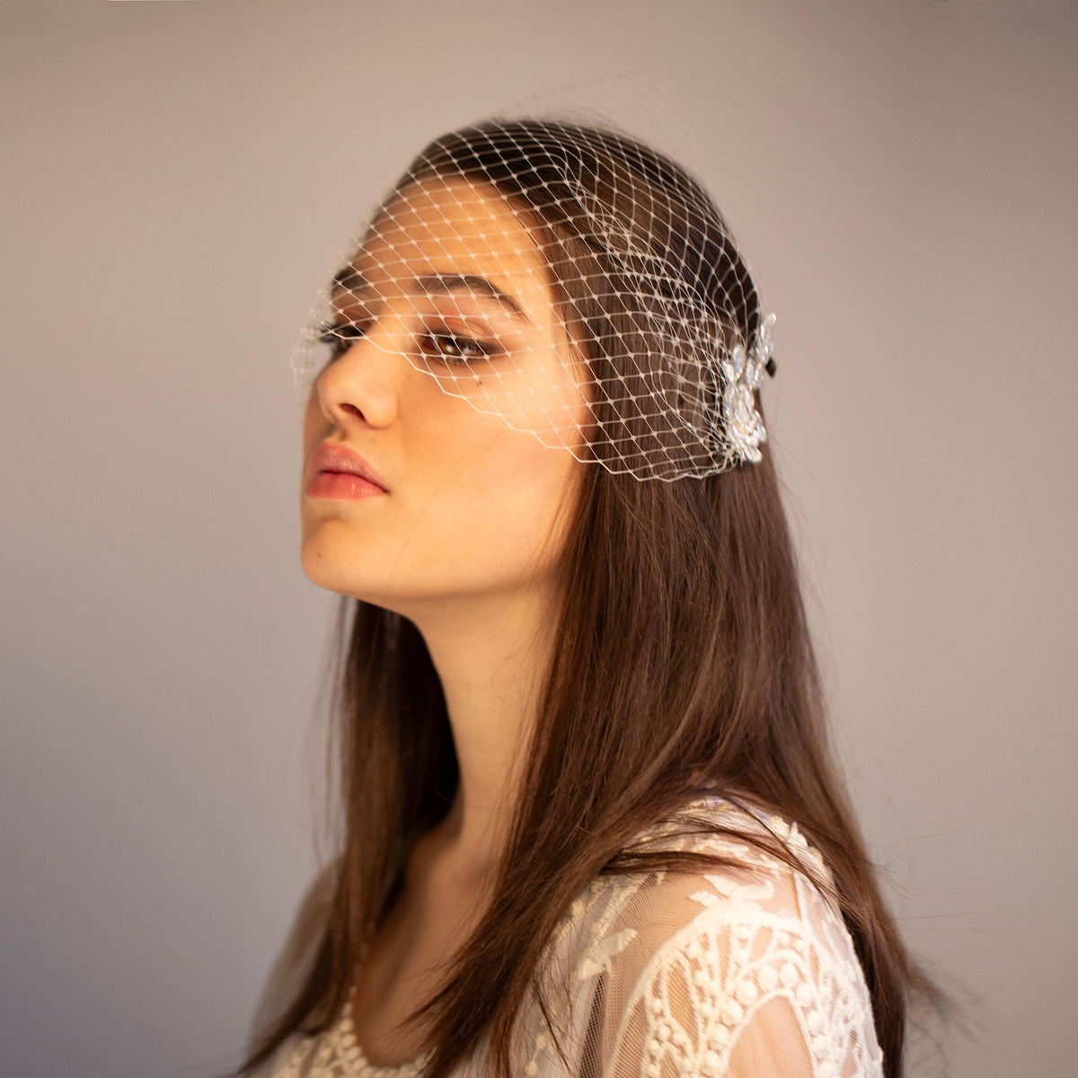 Silver Lace Bridal Veil – Wedding Headband with Floral Lace Netting Veil