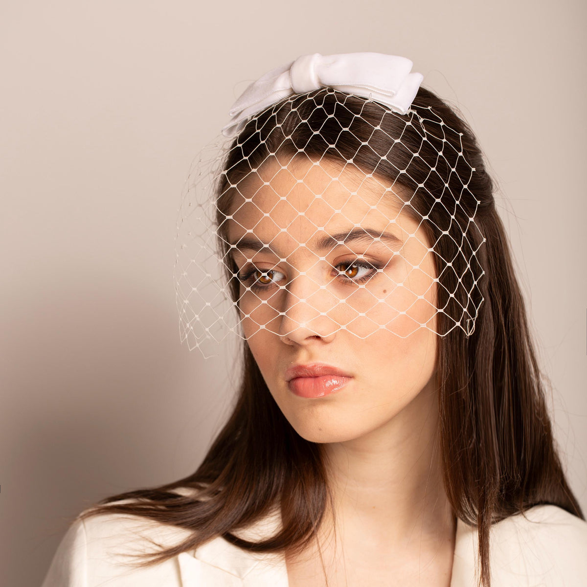 Ivory Birdcage with Vintage Velvet Bow – Bridal Veil - Wedding Hair Bow