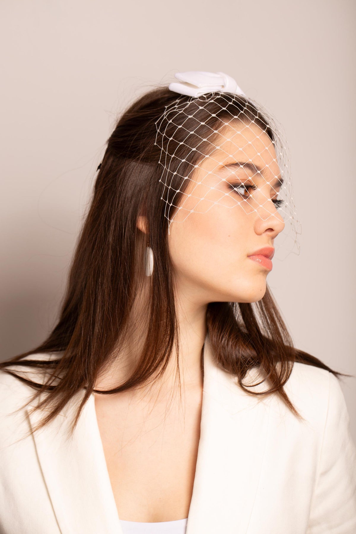 Ivory Birdcage with Vintage Velvet Bow – Bridal Veil - Wedding Hair Bow