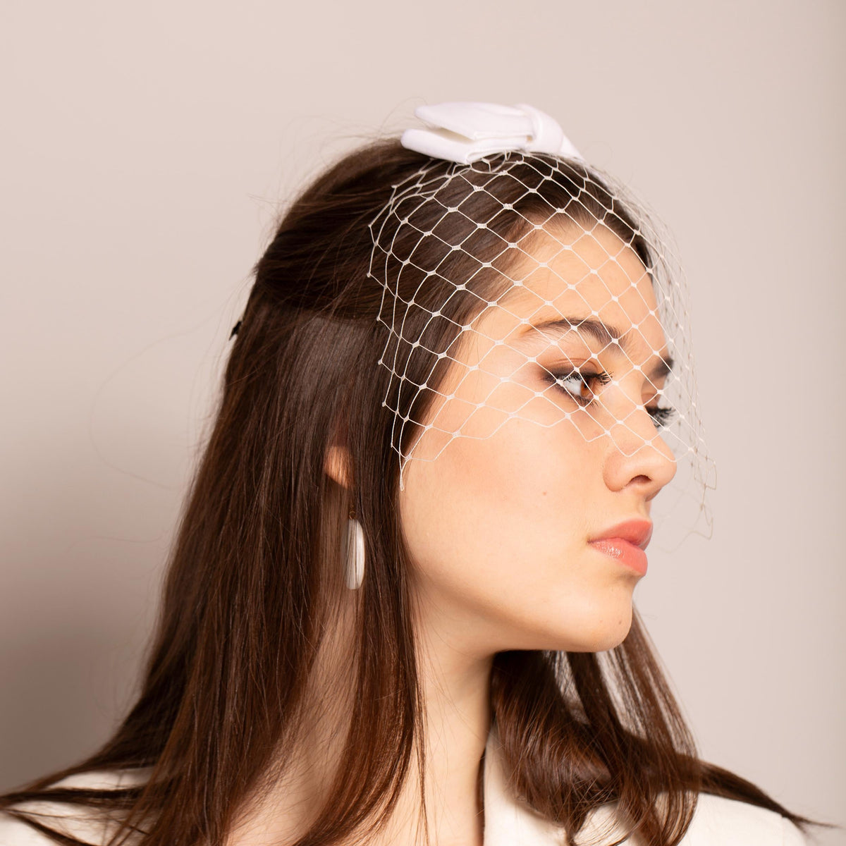 Ivory Birdcage with Vintage Velvet Bow – Bridal Veil - Wedding Hair Bow