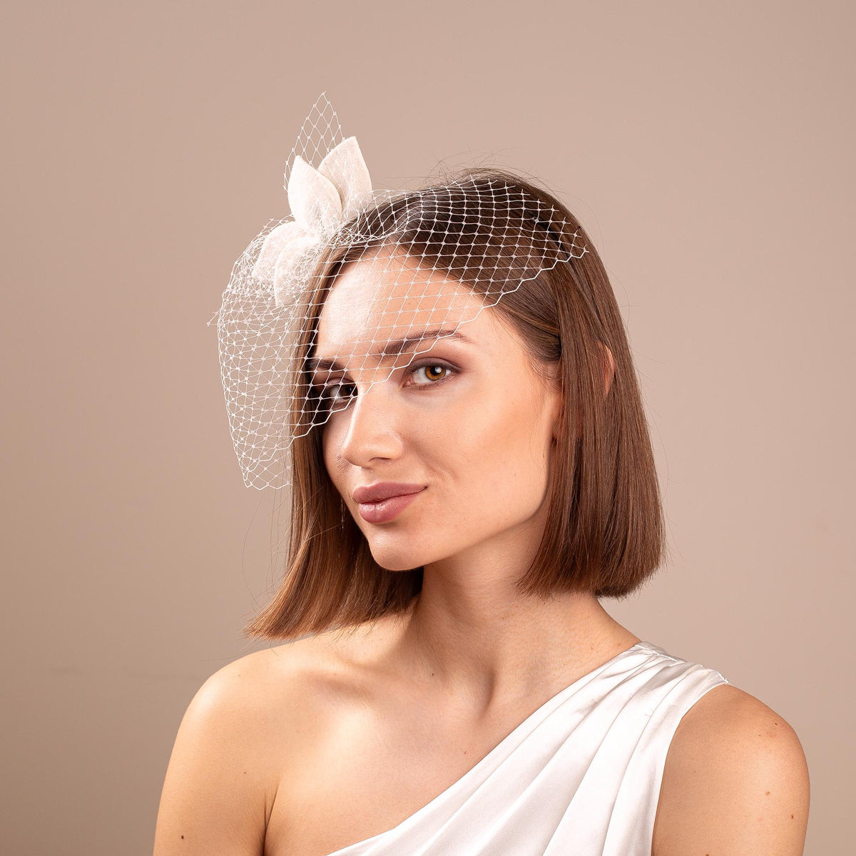 Ivory Petals on short Veil, Bridal Birdcage Fascinator for Civil Ceremony, Courthouse Wedding