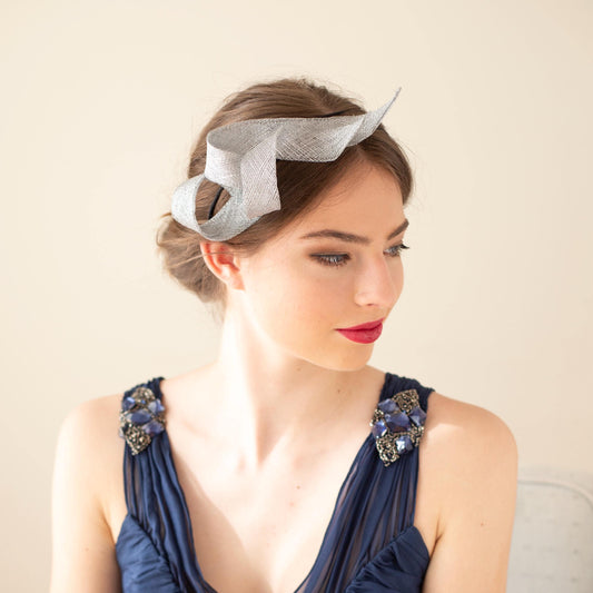 Women Fascinator on Headband – Silver Swirl Headpiece, Wedding Guest Hat, Bridesmaid Fascinator, Elegant Occasion Headband