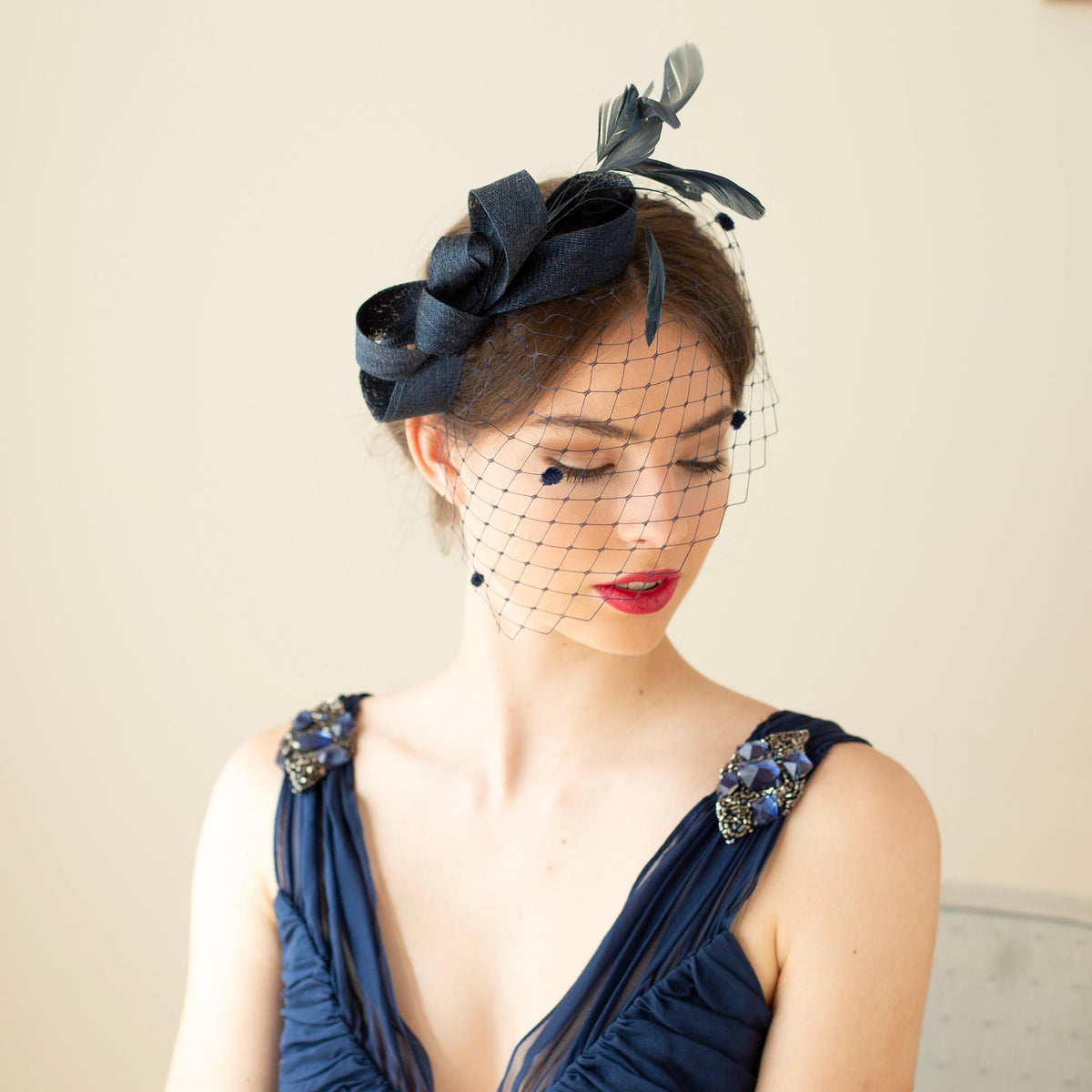 Occasion headpiece with navy birdcage, modern dotted veil and minimalist fascinator with feathers  wedding guest hair accessory