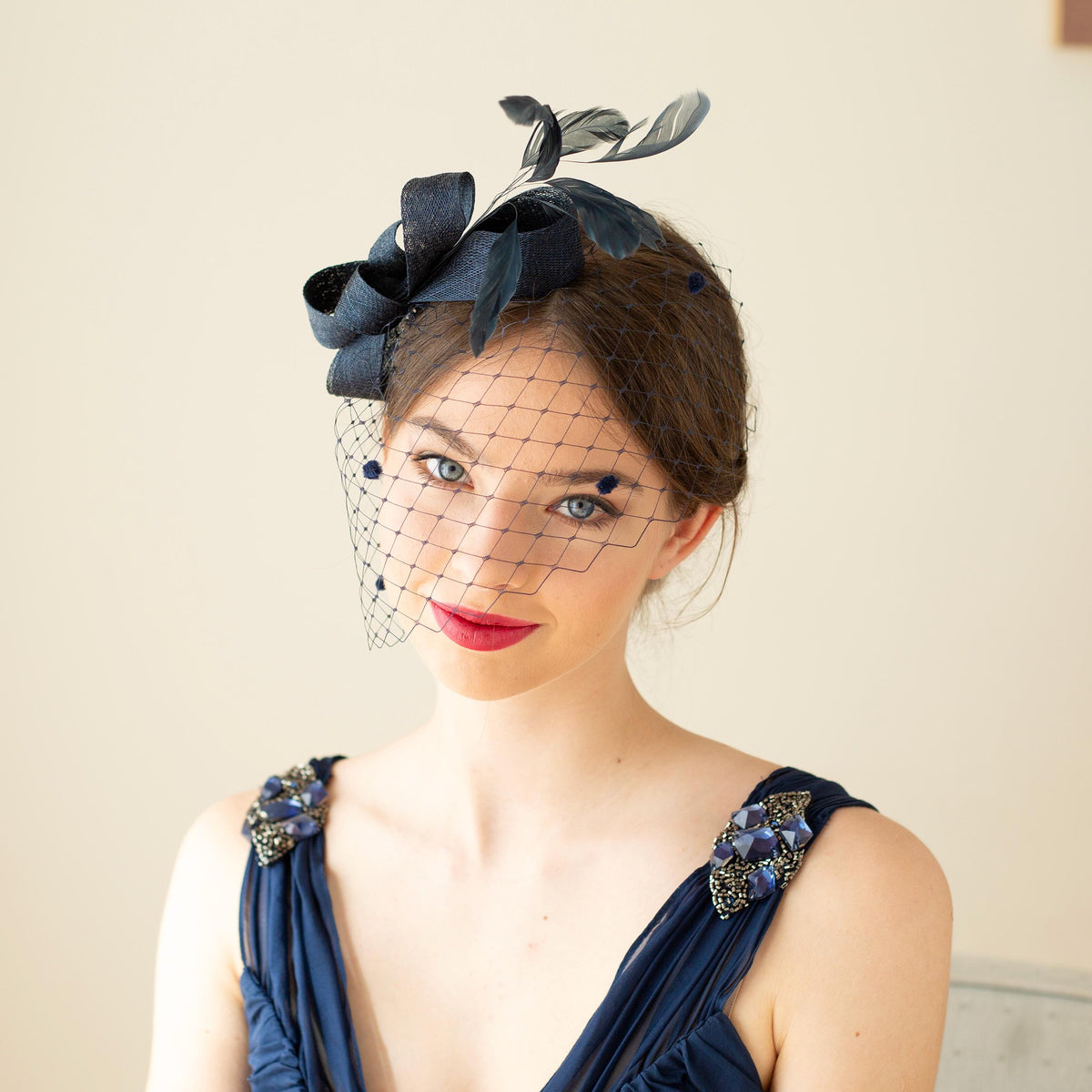 Occasion headpiece with navy birdcage, modern dotted veil and minimalist fascinator with feathers  wedding guest hair accessory