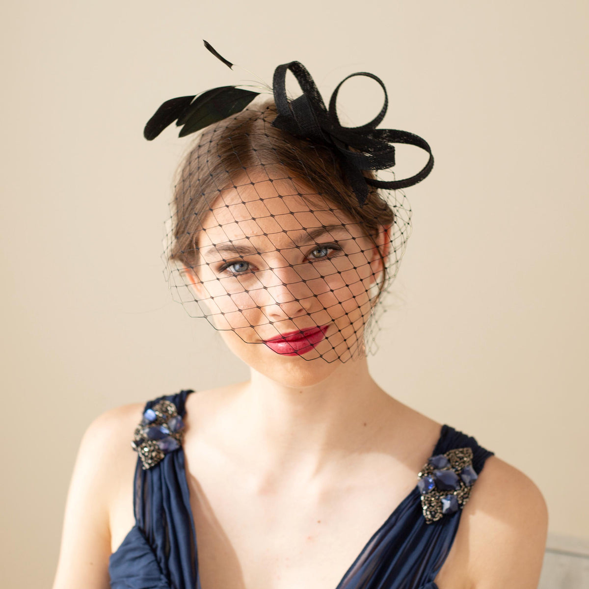 Black Feather Fascinator with Birdcage, Formal Occasion Headpiece Netting Veil, Wedding Guest Hairpiece
