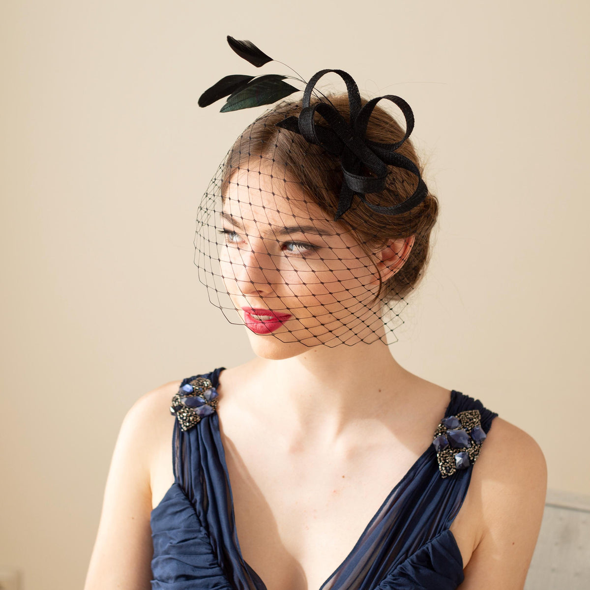 Black Feather Fascinator with Birdcage, Formal Occasion Headpiece Netting Veil, Wedding Guest Hairpiece
