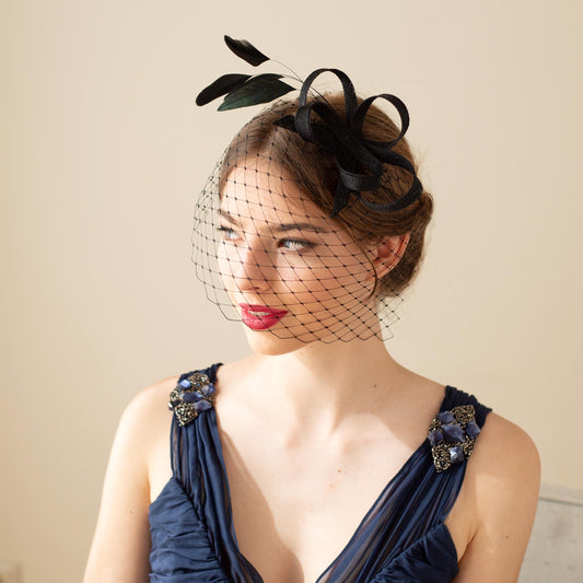 Black Feather Fascinator with Birdcage, Formal Occasion Headpiece Netting Veil, Wedding Guest Hairpiece