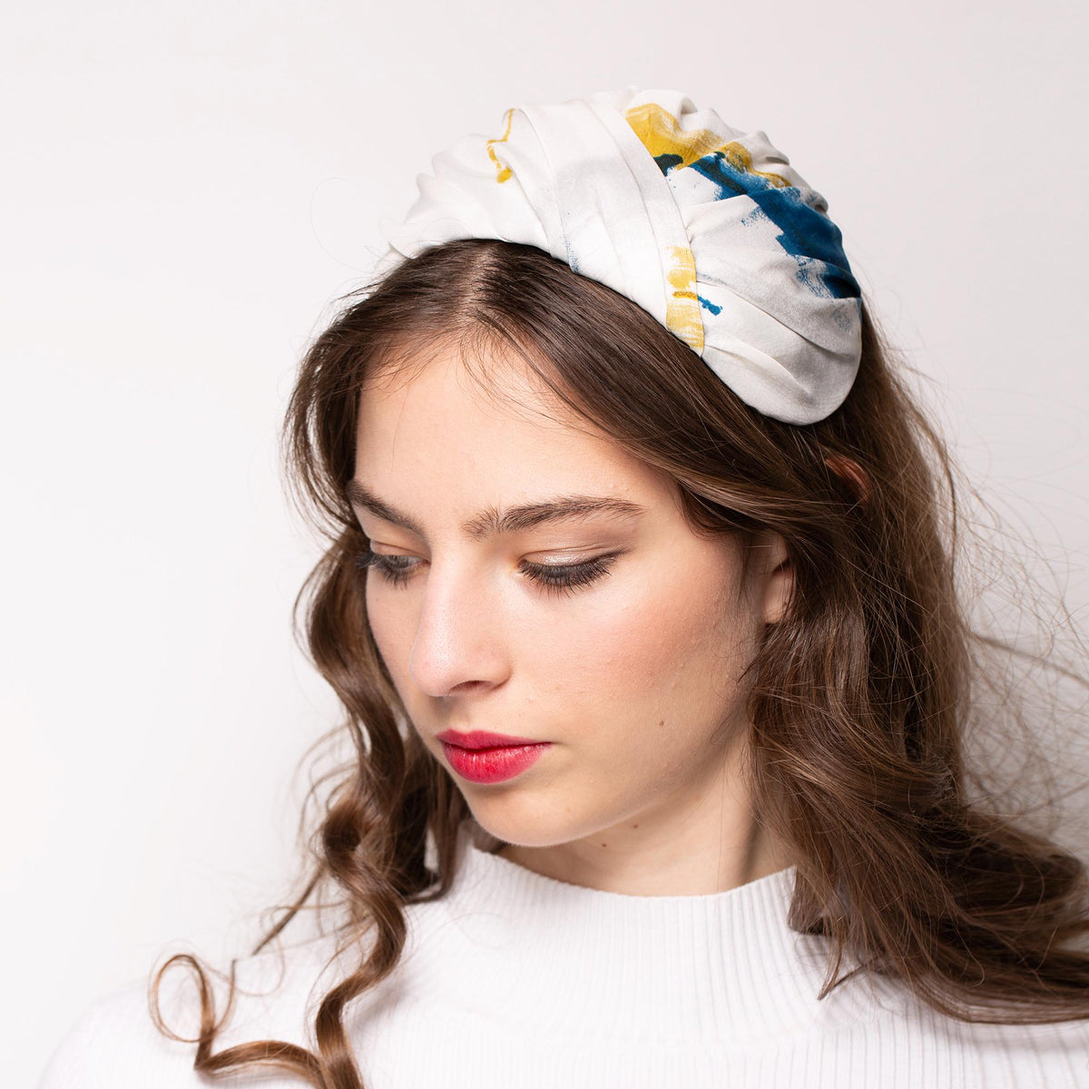 Bridal Birdcage Cap Hat – Sky Blue Gold Silk Headpiece, Old Hollywood Inspired Draped Silk Half Hat, 1950s Style Wedding Hat