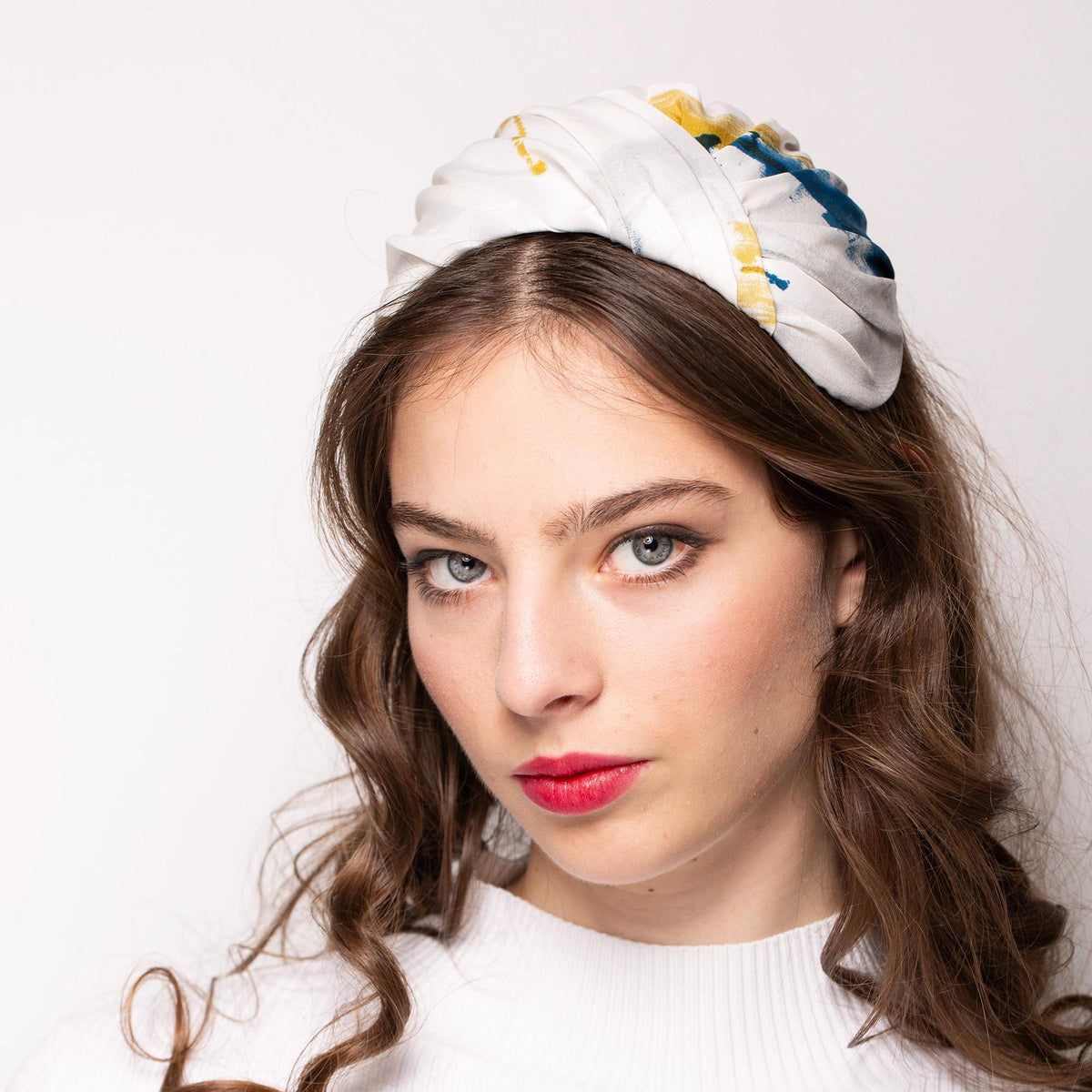 Bridal Birdcage Cap Hat – Sky Blue Gold Silk Headpiece, Old Hollywood Inspired Draped Silk Half Hat, 1950s Style Wedding Hat