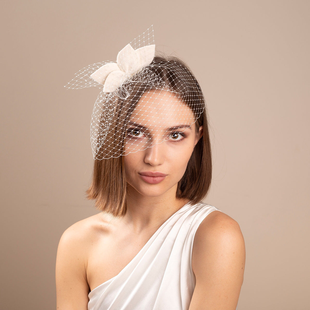 Ivory Petals on short Veil, Bridal Birdcage Fascinator for Civil Ceremony, Courthouse Wedding