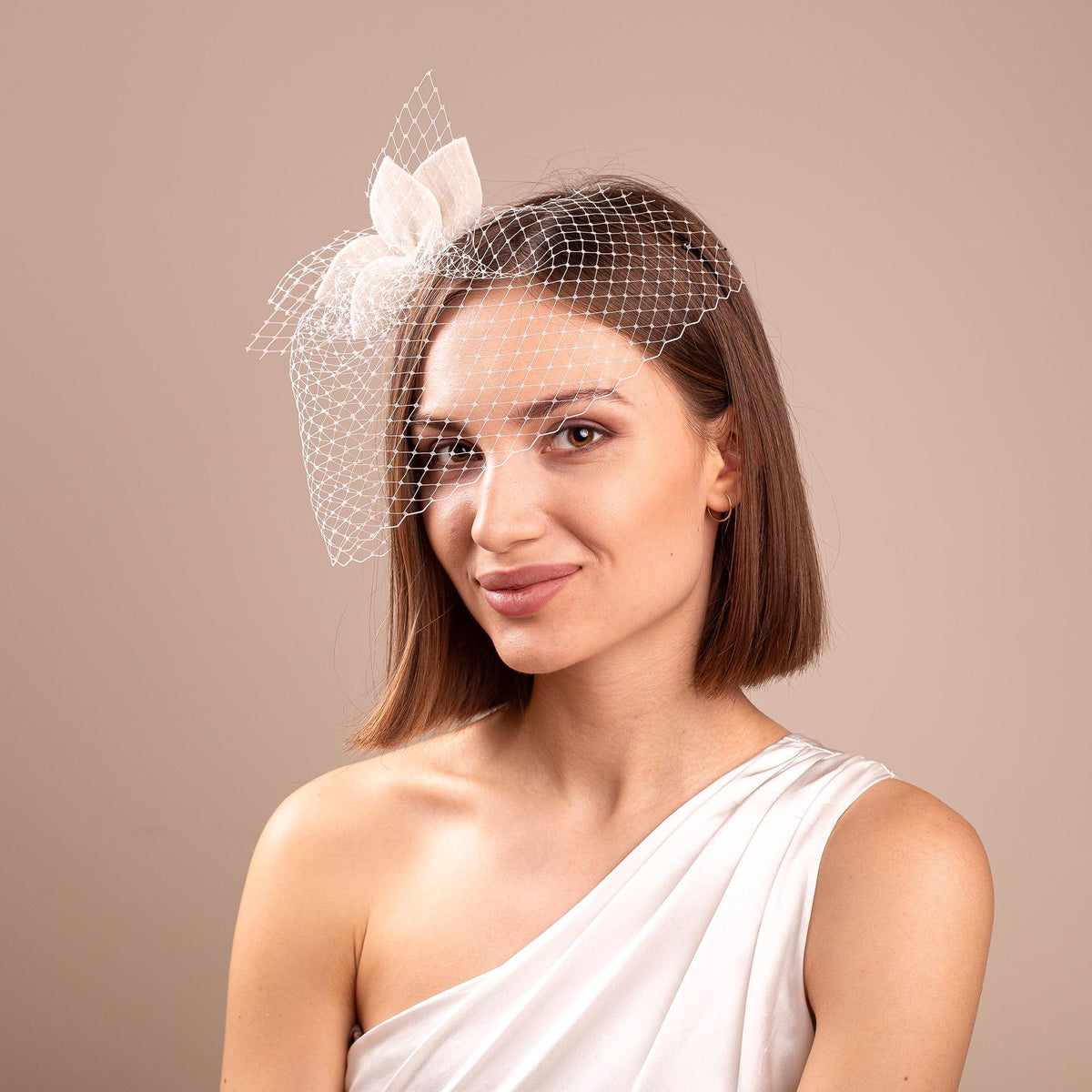 Ivory Petals on short Veil, Bridal Birdcage Fascinator for Civil Ceremony, Courthouse Wedding