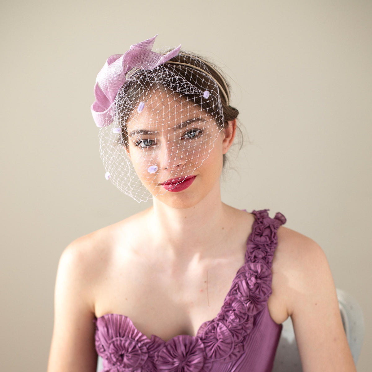 Lilac Wedding Fascinator: Evening Headpiece with Netting Veil for Formal Occasions