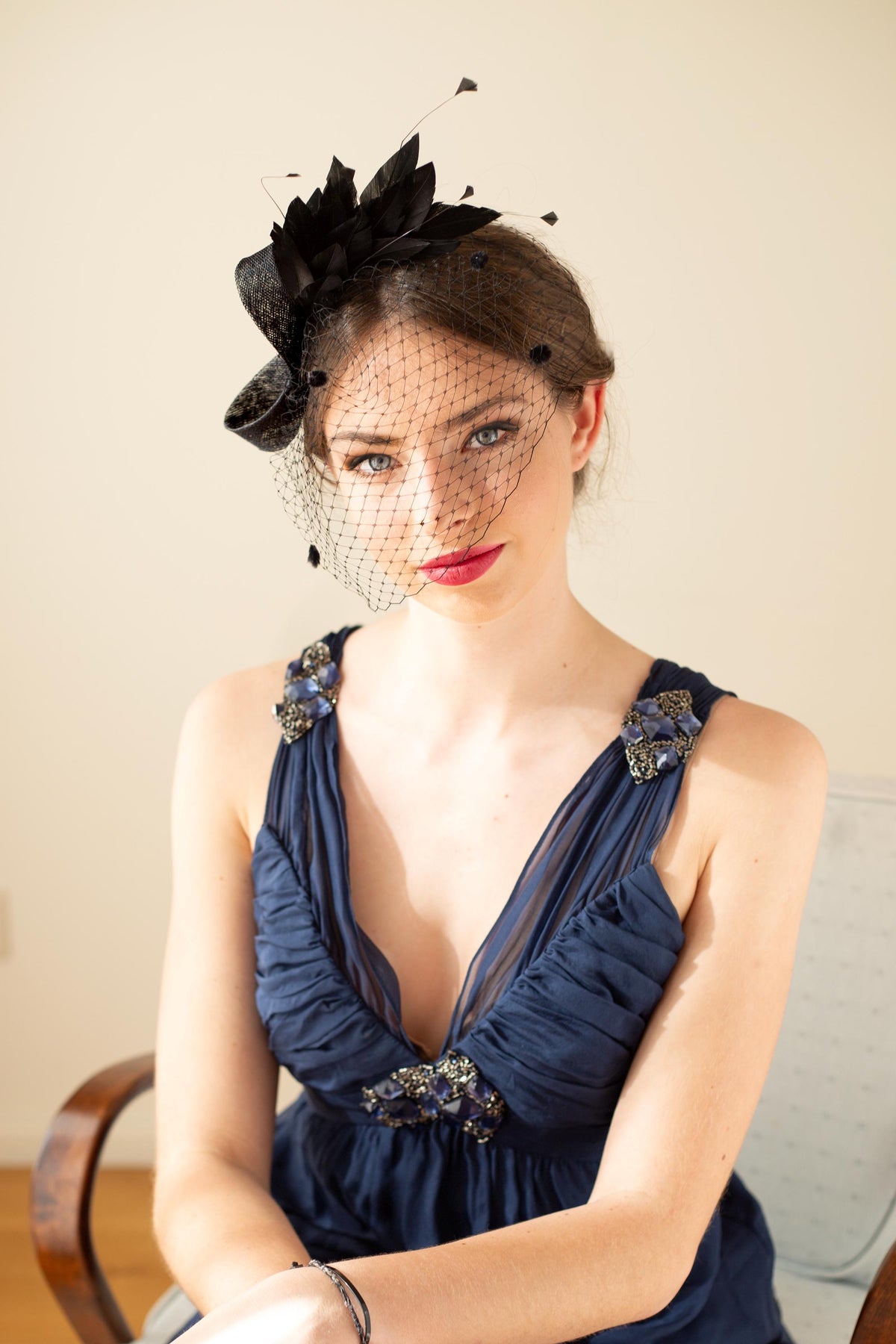 Black Feather Fascinator with Birdcage Veil for Wedding Guest, Formal Event Hairstyle, Occasion or Party