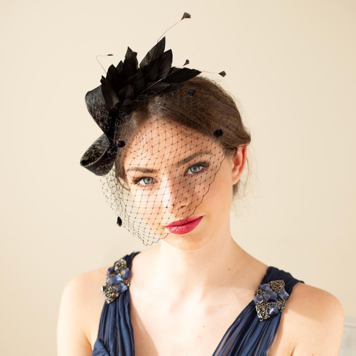 Black Feather Fascinator with Birdcage Veil for Wedding Guest, Formal Event Hairstyle, Occasion or Party