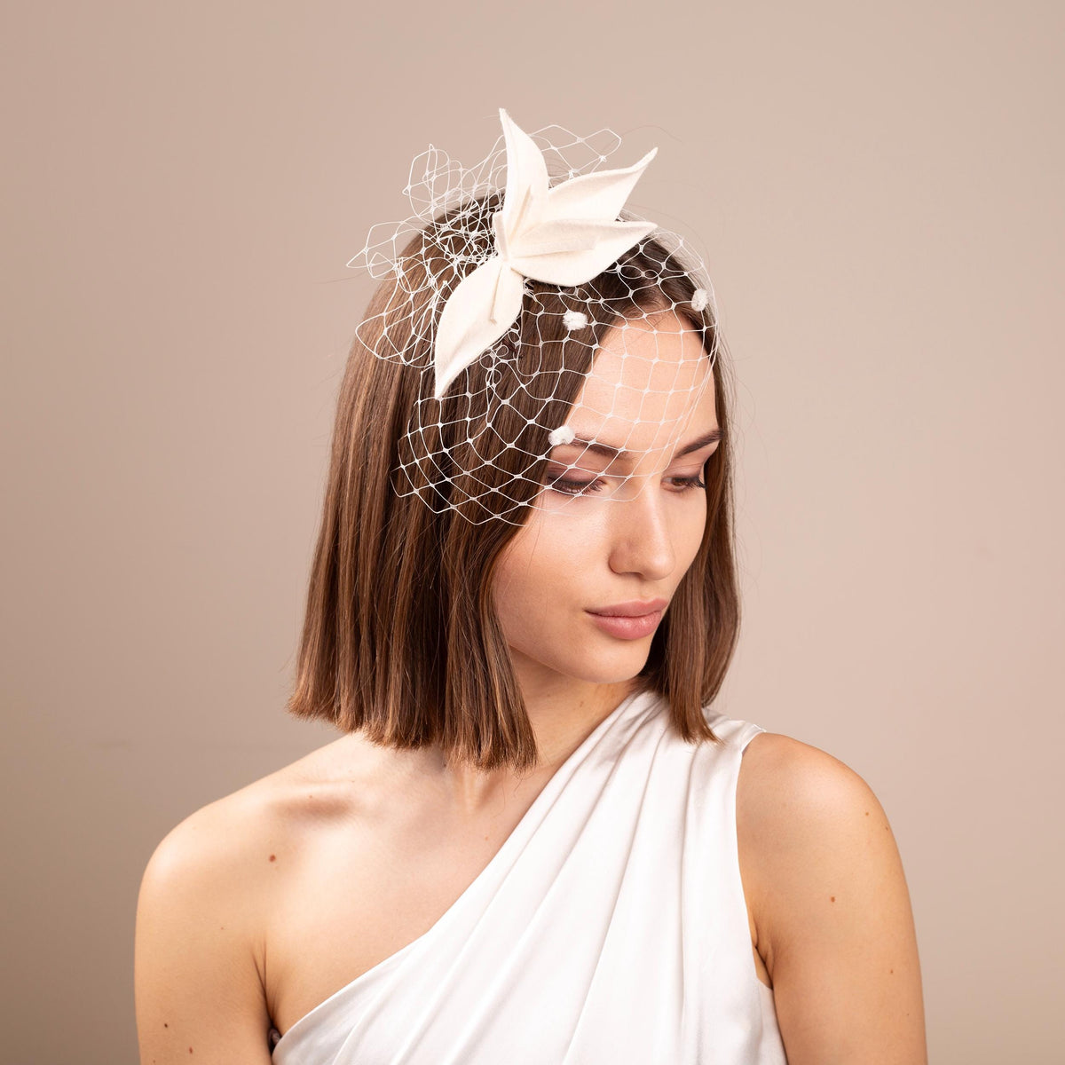 City Hall Bridal Headband Veil, Ivory Birdcage Veil with Hand-Shaped Felt Flower, Civil Ceremony Wedding Headpiece, Minimalist