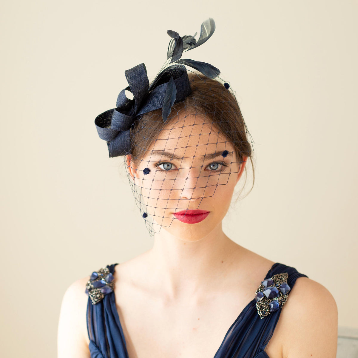 Occasion headpiece with navy birdcage, modern dotted veil and minimalist fascinator with feathers  wedding guest hair accessory