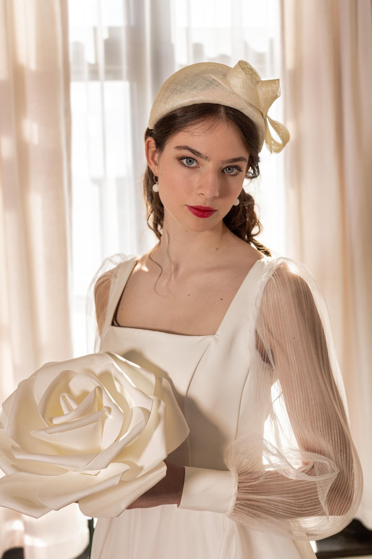 Bridal Half Moon Headband with Sculpted Bow – Wedding Headpiece, Couture Millinery Fascinator