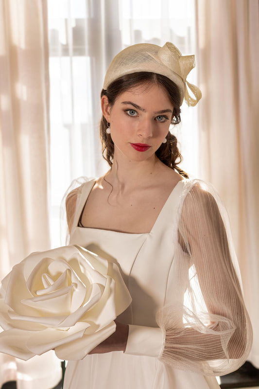 Bridal Half Moon Headband with Sculpted Bow – Wedding Headpiece, Couture Millinery Fascinator